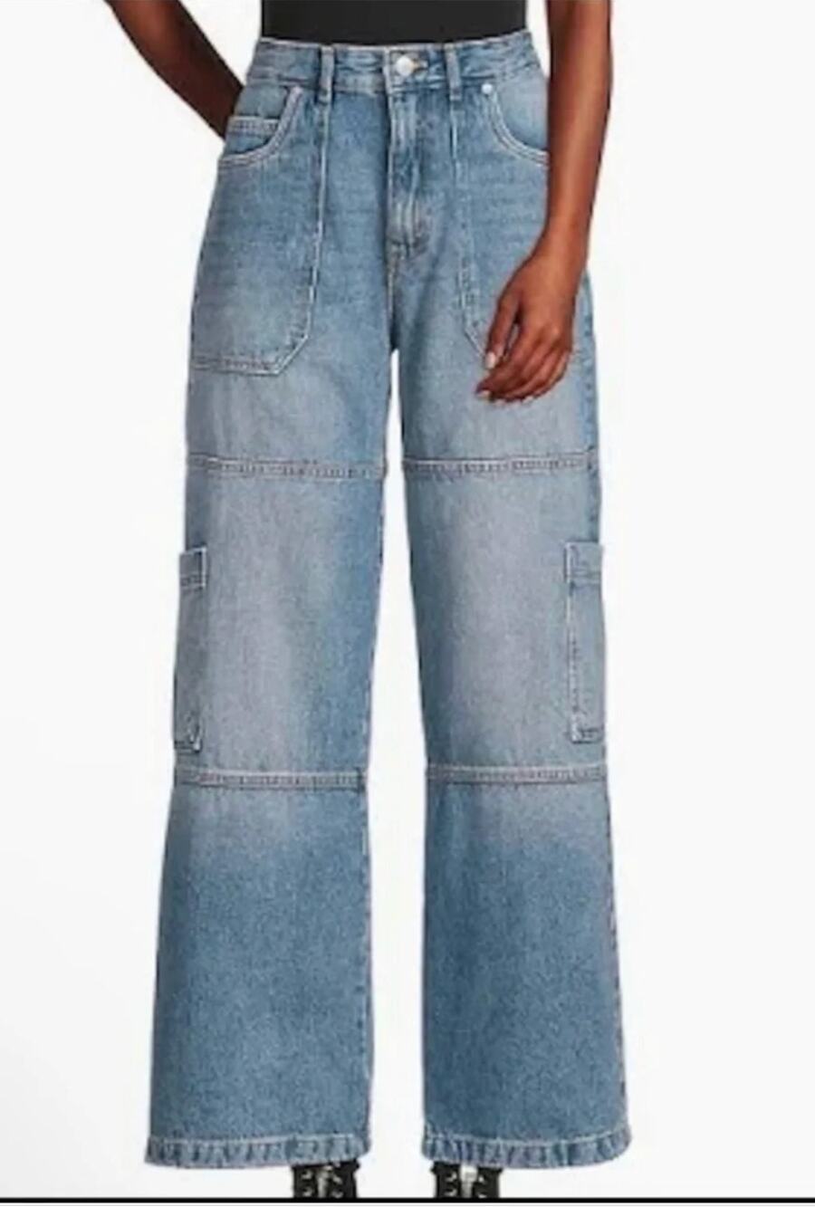 Avec Les Filles High Rise Wide Leg Carpenter Cargo Jeans Blue 26
